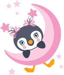 Cute baby girl penguin hanging on moon