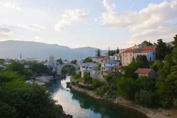 Papier Peint photo autocollant Stari Most Historical Stari Most bridge over Neretva river in Mostar Old town, Balkan mountains, Bosnia and Herzegovina