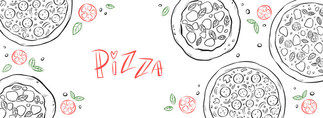 Web banner with different types of pizza, top view. Hand-drawn sketch illustration of traditional Italian cuisine for menu, or advert. Pepperoni, Margherita, Patatosa, Sicilian, Mushroom pizza.  - obrazy, fototapety, plakaty