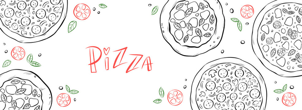 Web banner with different types of pizza, top view. Hand-drawn sketch illustration of traditional Italian cuisine for menu, or advert. Pepperoni, Margherita, Patatosa, Sicilian, Mushroom pizza. 
