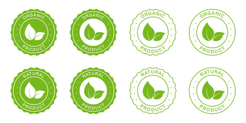 Organic Natural Product Icon Set. Healthy Eco Green Label. Bio Food Logo. 100 Percent Ecology Product Vegan Food Stamp. Natural Product Symbol. Ecology Sign. Isolated Vector Illustration - obrazy, fototapety, plakaty