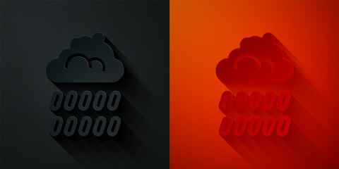 Paper cut Cloud with rain icon isolated on black and red background. Rain cloud precipitation with rain drops. Paper art style. Vector