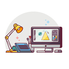 Graphic Design Workspace Scene in Line Art