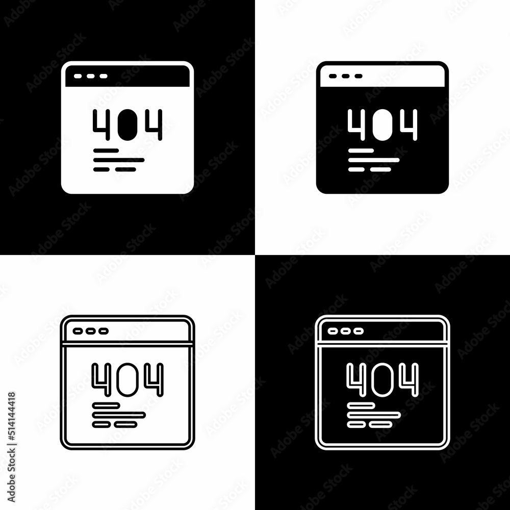 Aufkleber set page with a 404 error icon isolated on black and white background. template reports that the pag