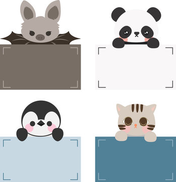 Cartoon cute animals holding memo. Frame for photo, text, note, sticker, label. Little bat, panda, penguin, cat icon to do list card. Isolated on white background, vector, illustration, EPS10