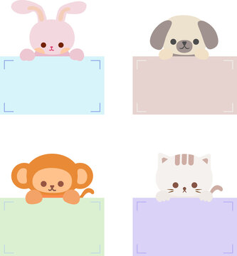 Cartoon cute animals holding memo. Frame for photo, text, note, sticker, label. Little bunny rabbit, dog, monkey, cat icon to do list card. Isolated on white background, vector, illustration, EPS10