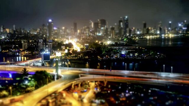View from above looking into Mahim causeway in Mumbai using a tilt & shift lens with long exposure