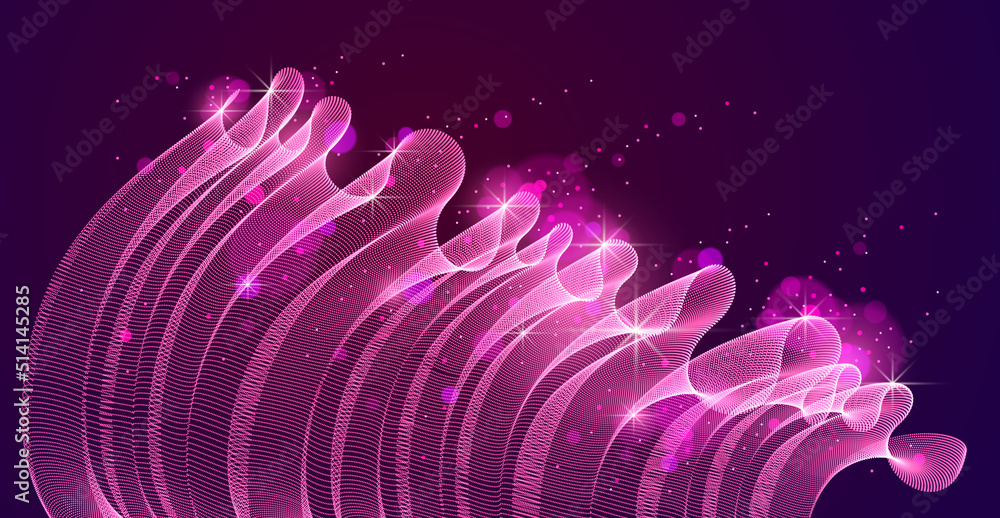 Aufkleber 3d magic particles mesh array over dark, transparent tulle textile on wind flowing. round points vec