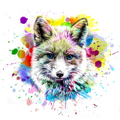 colorful artistic fox muzzle with bright paint splatters on dark background.