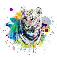 Foto auf Glas Bright abstract colorful background with tiger, paint splashes © reznik_val