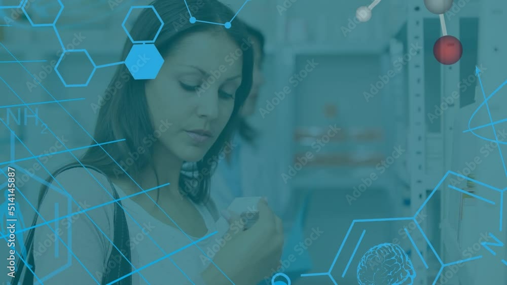 Poster animation of chemical formulas and data processing over processor chemical formulas and heart