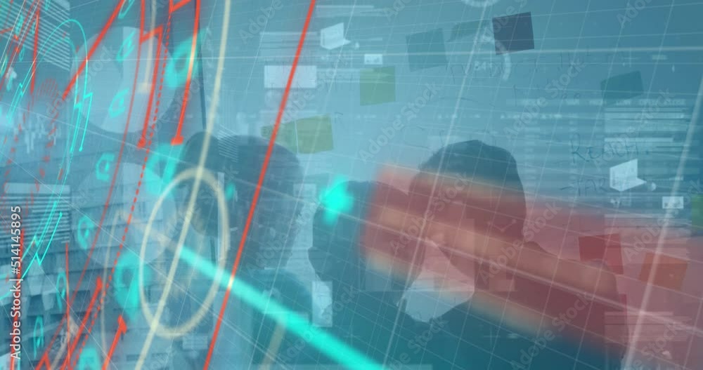 Poster animation of financial data processing over caucasian man stacking tablet