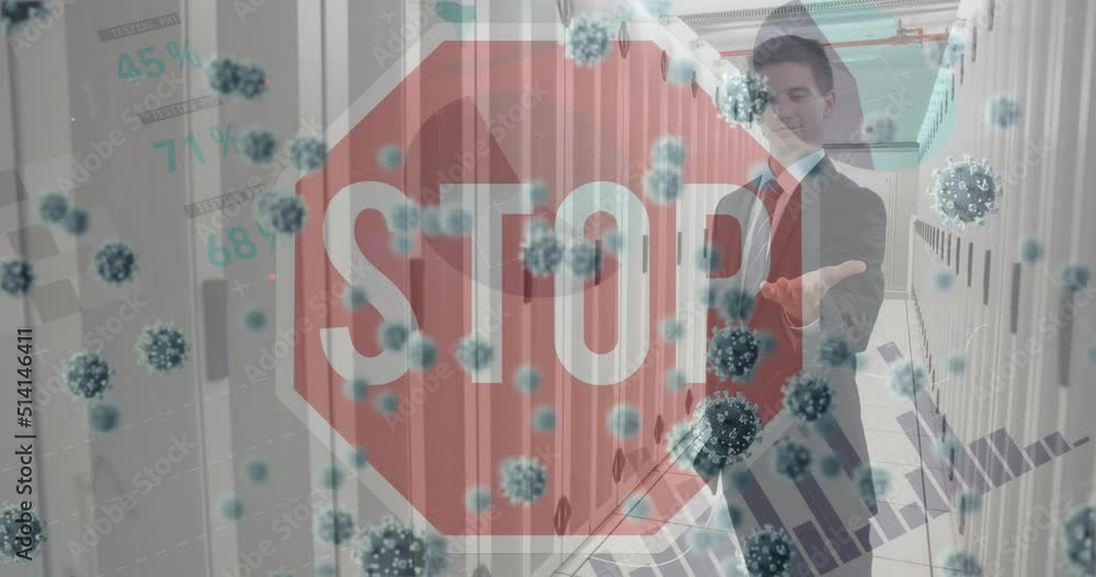 Aufkleber animation of stop sign with data processing and cells over caucasian businessman in server room