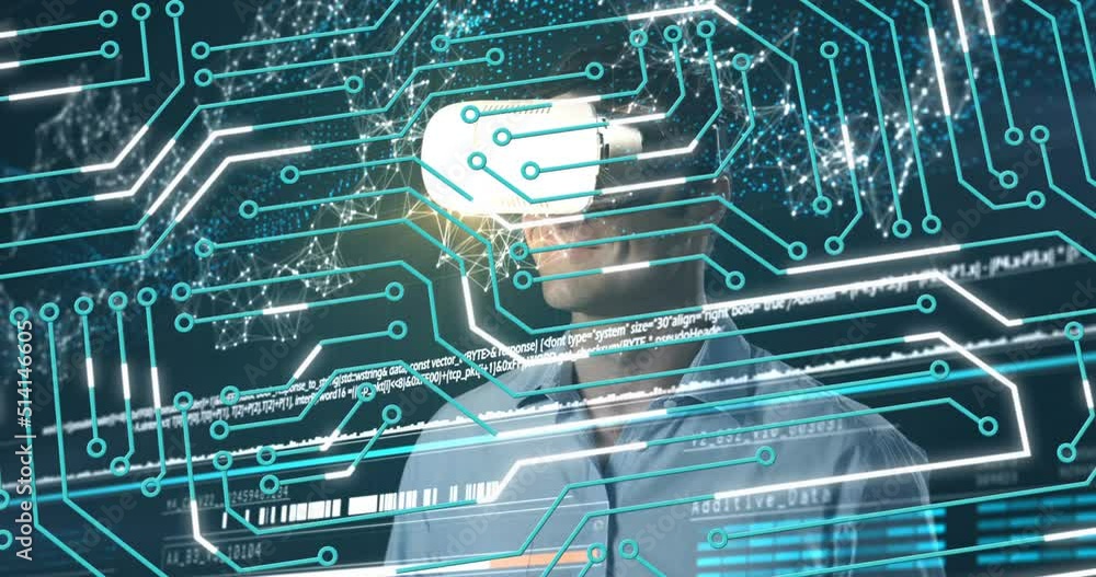 Poster animation of data processing and globe over screens