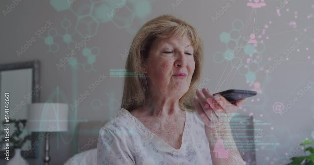 Poster Animation of chemical formula and data processing over senior caucasian woman talking on smartphone