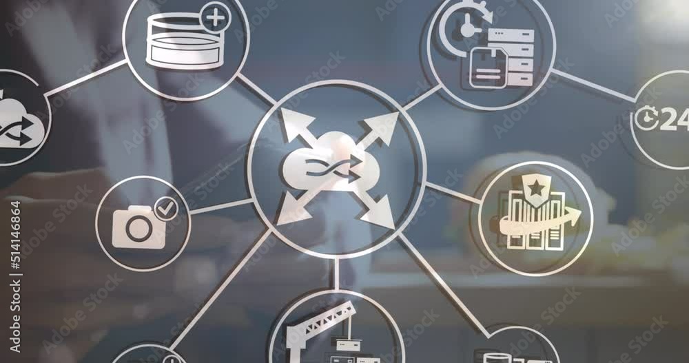 Poster Animation of network of connections with icons over rows of using flashing lights
