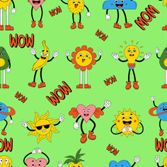 Retro psychedelic seamless patterns, groovy backgrounds. Vector hippy pattern with 70s, 80s vibes groovy elements funny comic characters, gloved hands. Cartoon funky heart, sun, earth, avocado