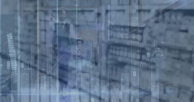 Animation of financial data processing over caucasian businessman in office