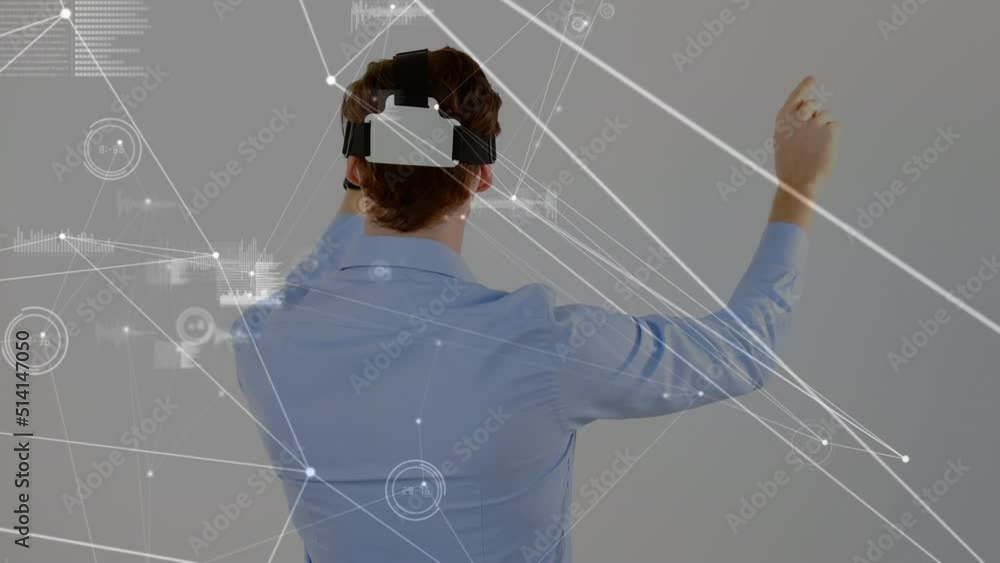 Poster Animation of network of connections with data processing over caucasian man using vr headset