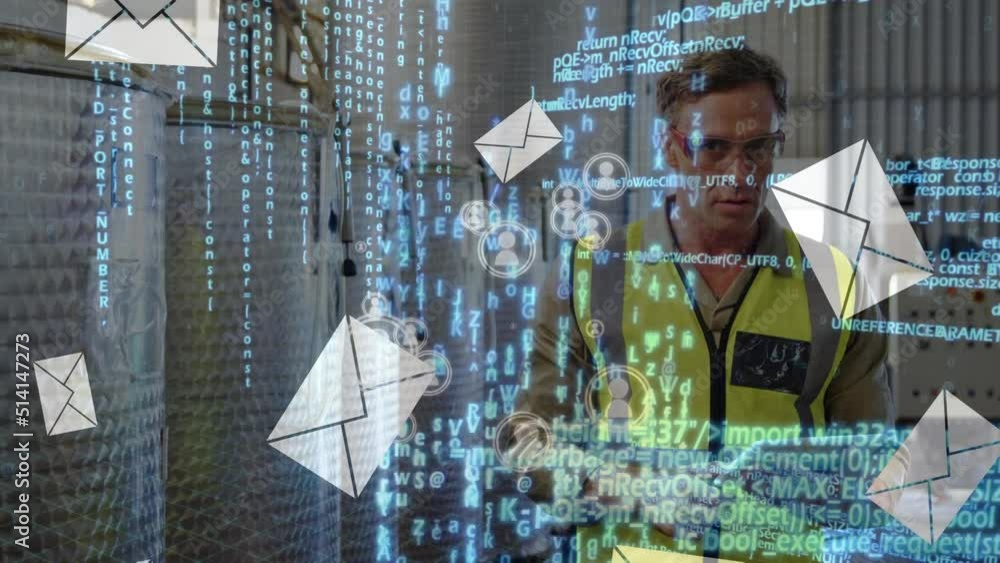 Aufkleber animation of data processing over caucasian male worker using tablet