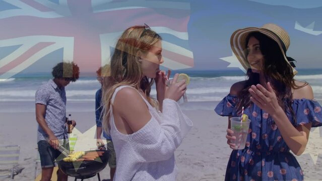 Animation of australian flag over happy friends at summer beach party