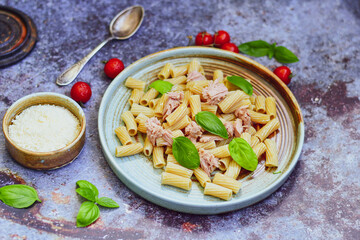   Gluten free Chickpea pasta. with tuna .Fresh  low carb  high protein pasta rigatoni with  cream sauce  ,  tuna , parmesan cheese ,olive oil and black pepper)  Ketogenic diet pasta 