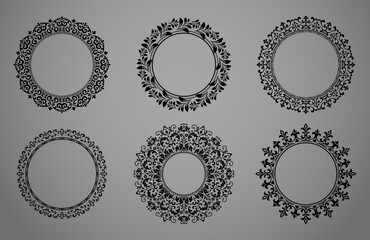Set of decorative frames Elegant vector element for design in Eastern style, place for text. Floral black and gray borders. Lace illustration for invitations and greeting cards