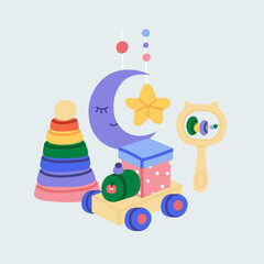 Children toys composition with pyramid, train, beanbag, moon and star. Baby playground vector stuff. All items are isolated 