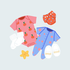 Baby shower concept with pink and blue bodysuits. Vector composition with newborn clothing like diaper, pants, socks, booties, star toy, underwear. All items are isolated