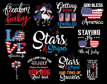 4th of July SVG T shirt Design Bundle. freedom baby, God bless America.Love Grandma life. Stand for the flag kneel ata the cross.