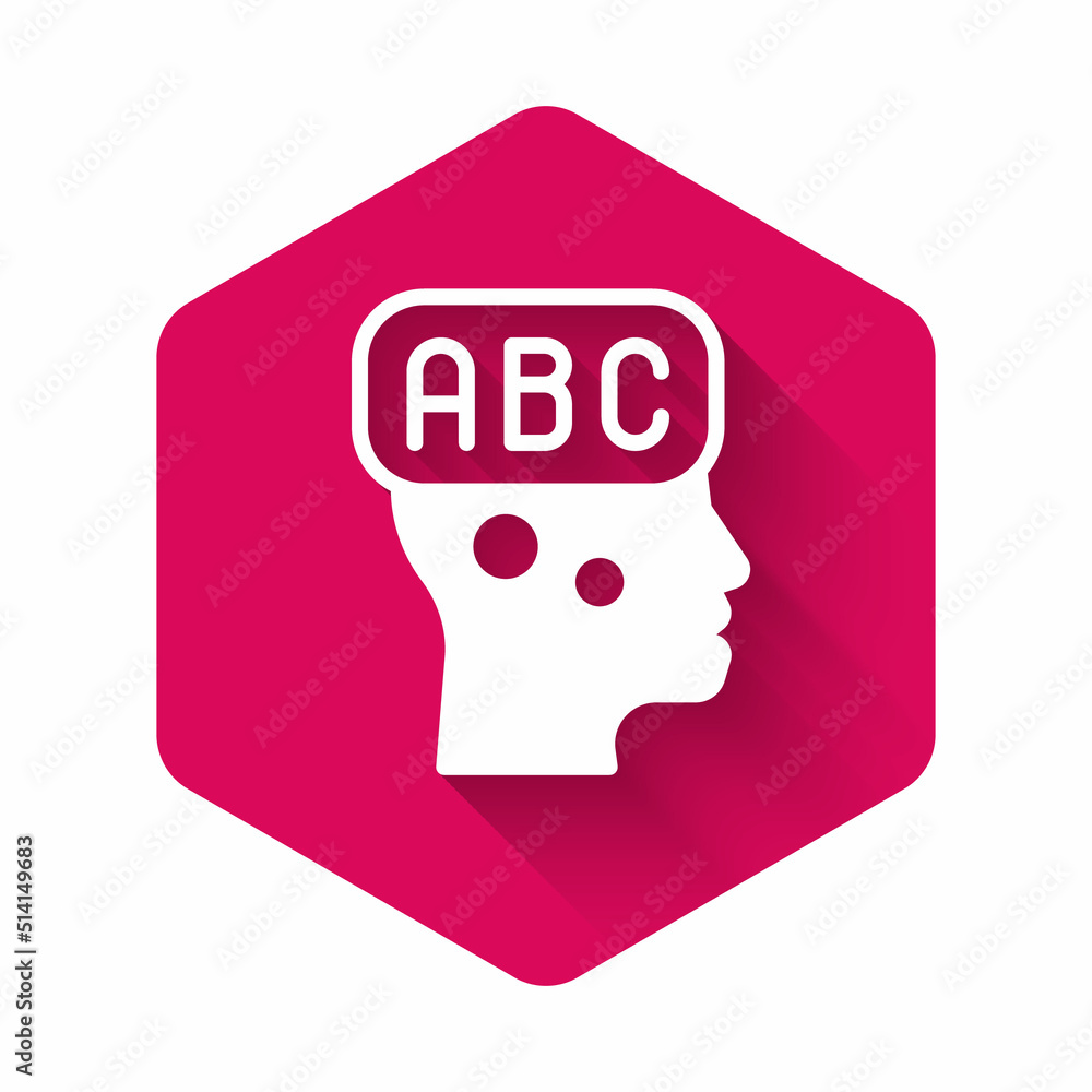Poster white learning foreign languages icon isolated with long shadow background. pink hexagon button. vec