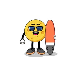 Mascot cartoon of round cheese as a surfer
