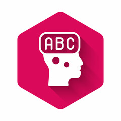 White Learning foreign languages icon isolated with long shadow background. Pink hexagon button. Vector