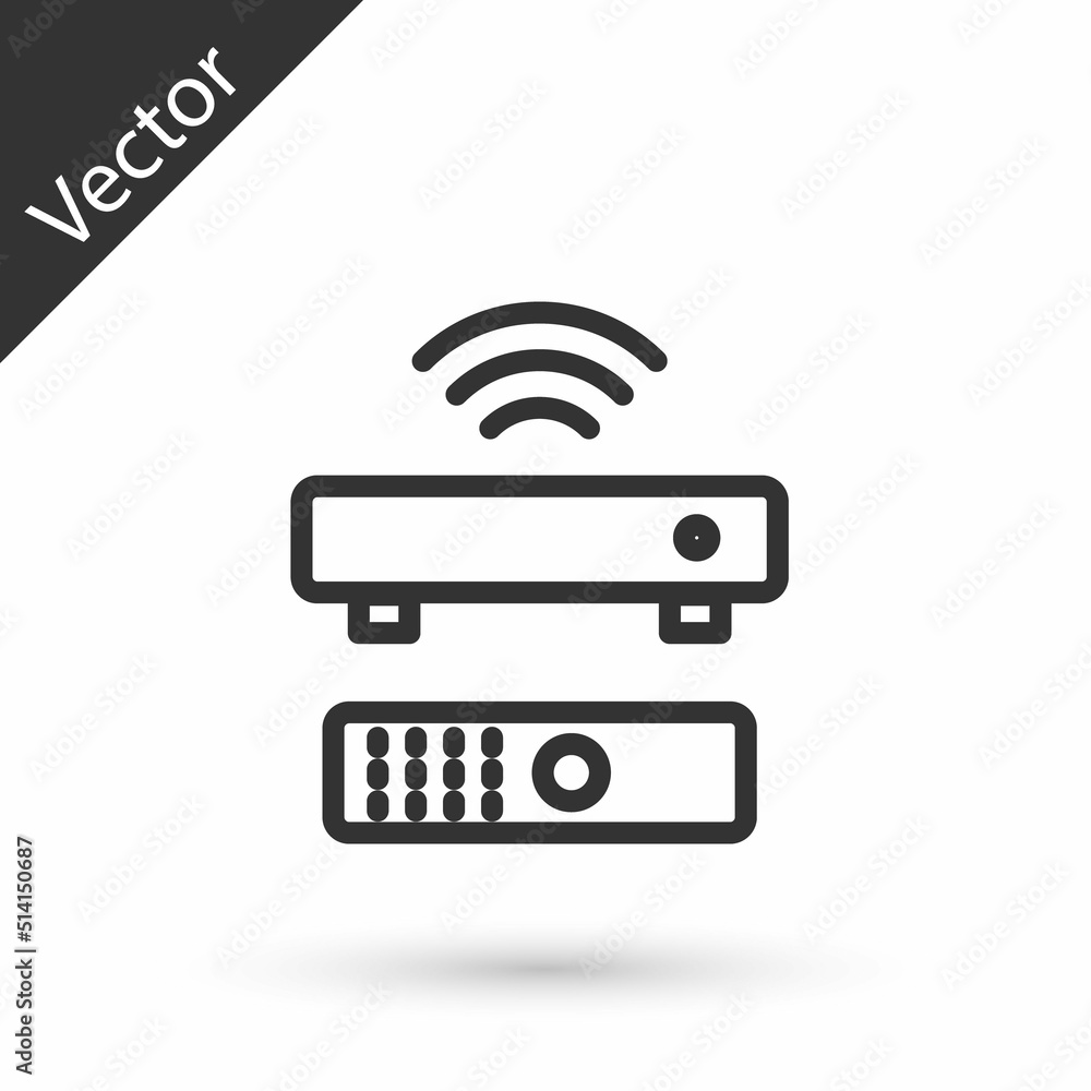 Poster grey line wireless multimedia and tv box receiver and player with remote controller icon isolated on