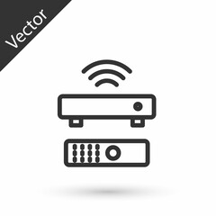 Grey line Wireless multimedia and TV box receiver and player with remote controller icon isolated on white background. Vector