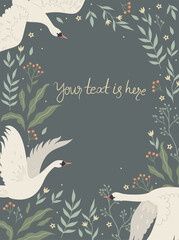 Frame with swans in flight and flowers. Vector graphics. © Екатерина Зирина