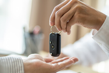 Loss Adjuster Insurance Agent Inspecting Damaged Car. .Sales manager giving advice application form document considering mortgage loan offer for car  insurance