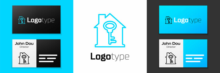 Blue line House with key icon isolated on white background. The concept of the house turnkey. Logo design template element. Vector