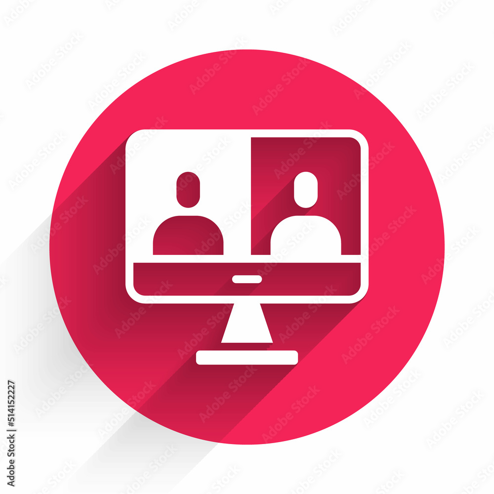 Poster white video chat conference icon isolated with long shadow. computer with video chat interface activ