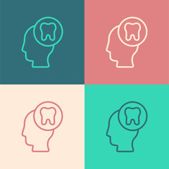 Pop art line Human head with tooth icon isolated on color background. Tooth symbol for dentistry clinic or dentist medical center and toothpaste package. Vector