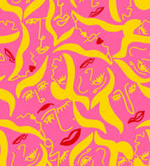 Abstract Hand Drawing Women Faces Lips Seamless Vector Pattern Isolated Background 