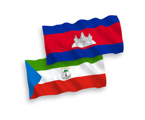 National vector fabric wave flags of Kingdom of Cambodia and Republic of Equatorial Guinea isolated on white background. 1 to 2 proportion.