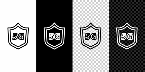 Set line Protective shield 5G wireless internet wifi icon isolated on black and white background. Global network high speed connection data rate technology. Vector