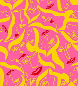 Abstract Hand Drawing Women Faces Lips Seamless Vector Pattern Isolated Background © Didem