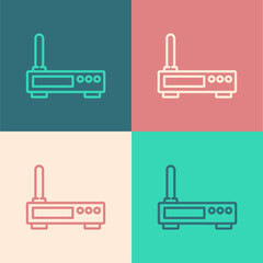 Pop art line Router and wi-fi signal icon isolated on color background. Wireless ethernet modem router. Computer technology internet. Vector