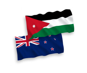 National vector fabric wave flags of New Zealand and Hashemite Kingdom of Jordan isolated on white background. 1 to 2 proportion.