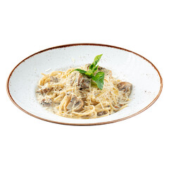 Isolated portion of mushroom spaghetti pasta on white background