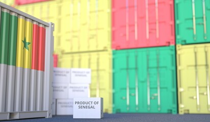 Box with PRODUCT OF SENEGAL text and cargo containers. 3D rendering