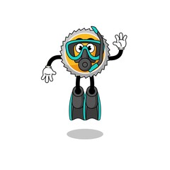 Character cartoon of saw blade as a diver