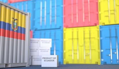 PRODUCT OF ECUADOR text on the cardboard box and cargo terminal full of containers. 3D rendering